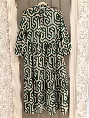 Zara Green & Cream Geometric Button-Up Dress
